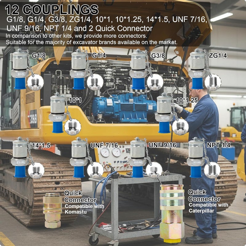 YFIXTOOL Hydraulic Pressure Test Kit w/ 4 Gauges & 12 Coupling, Excavator Pressure Gauge Testing Tester Coupling Set - Image 3